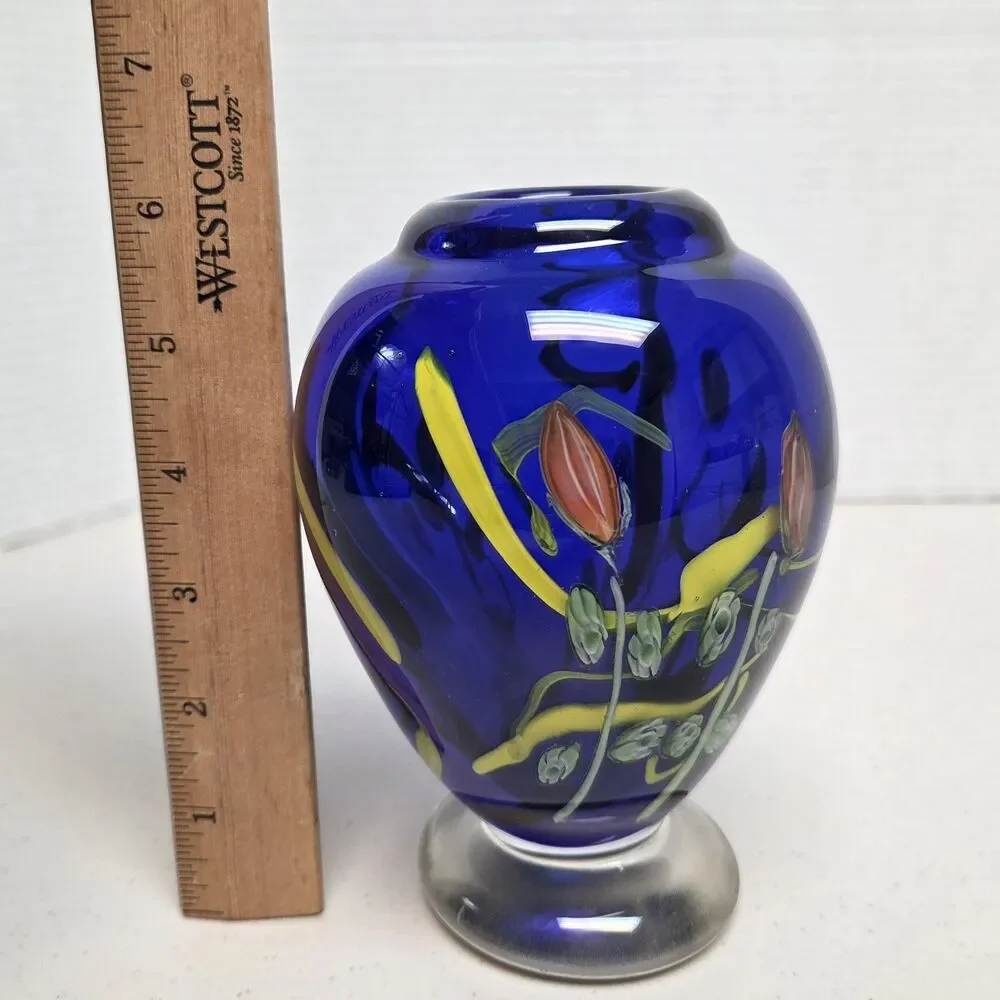 VTG Kusak Art Glass Paperweight Pedestal Vase Cobalt Blue with Cased Flowers 6” - Picture 9 of 11